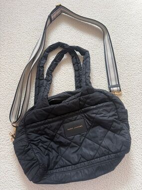 Marc Jacobs Black Quilted Crossbody Tote with Striped Strap